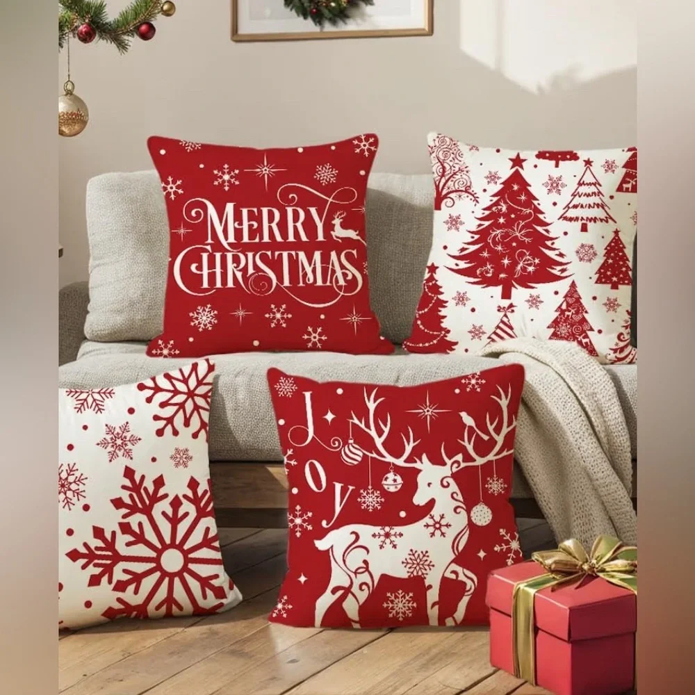 New- Set of SIX Festive Red and White Festive couch Pillow Set